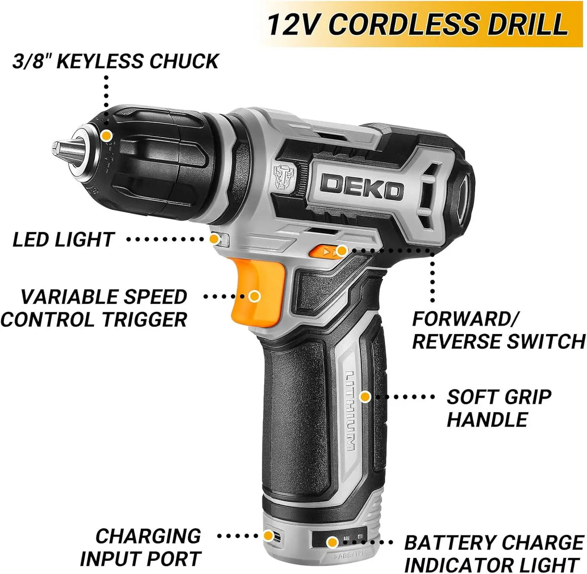 DEKO 12V Cordless Drill Toolbox With Storage Organizer Case