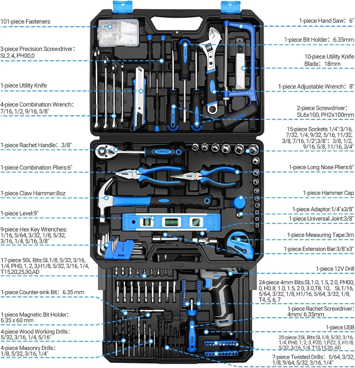 DEKO 12V Cordless Drill Toolbox With Storage Organizer Case